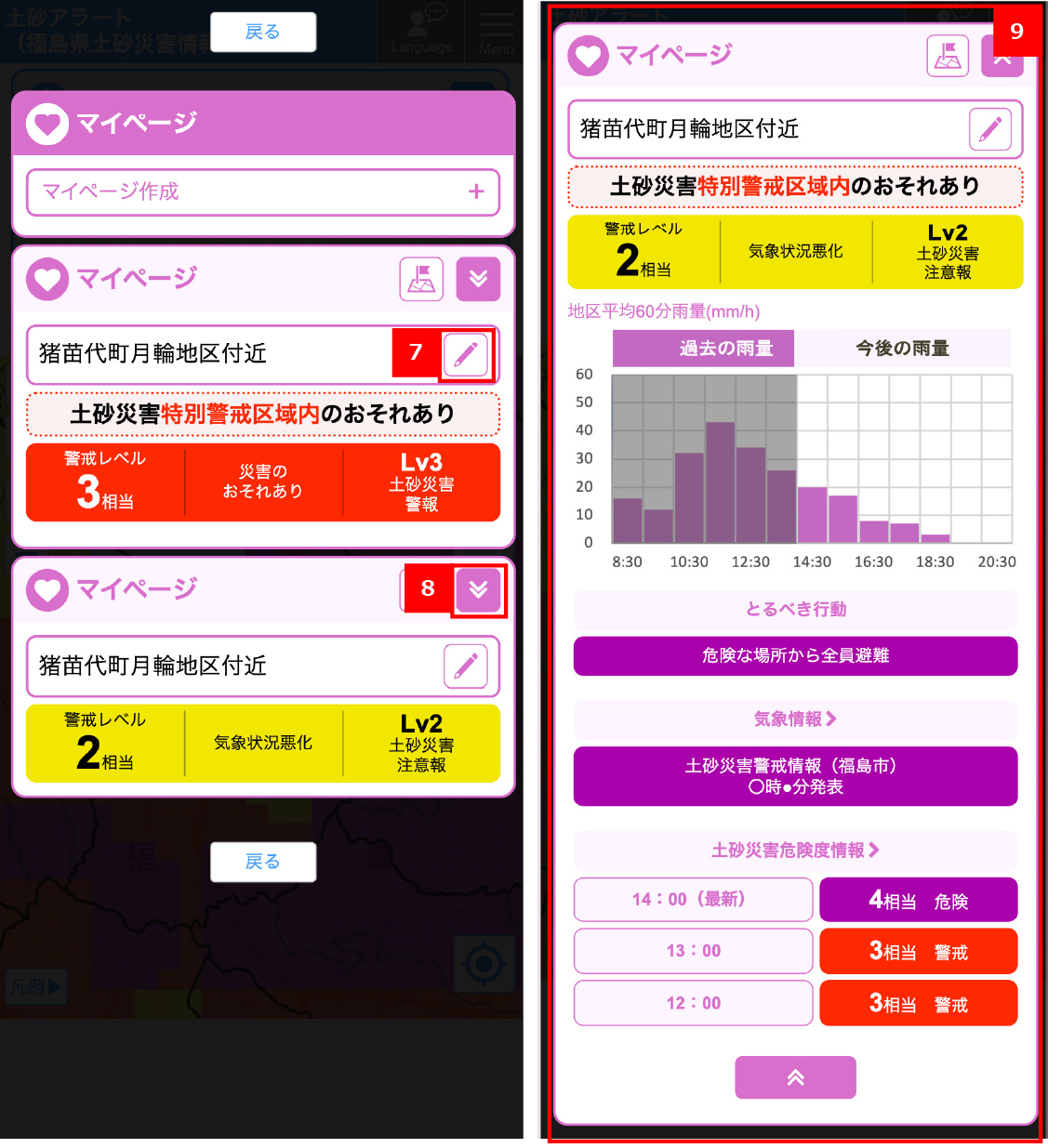 マイページ登録地点の詳細情報画面